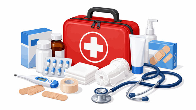 Comprehensive first aid kit essentials, including bandages, medicine, and medical instruments for emergency care and health support