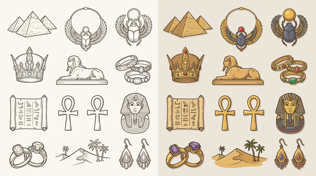 Collection of Egyptian Symbols and Artifacts, Including Pyramids, Sphinx, Scarab Beetles, Ankh, and Jewelry.