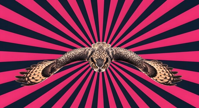 Great horned owl flying head-on with wings spread over a pink and black sunburst graphic background.