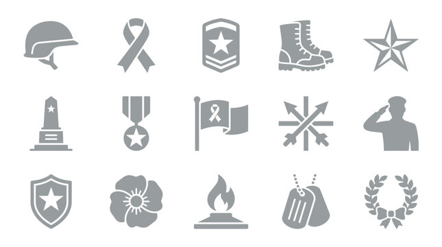 Collection of military and remembrance icons including a helmet, ribbon, medal, boots, star, monument, flag, salute, shield, poppy, flame, dog tags, and laurel wreath.