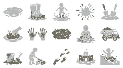 Obraz premium Collection of icons representing children playing in mud and dirt, including boots, puddles, handprints, and sandcastles.