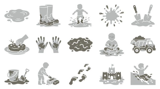 Collection of icons representing children playing in mud and dirt, including boots, puddles, handprints, and sandcastles.
