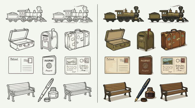 Collection of vintage travel and writing elements, including trains, luggage, passports, postcards, benches, pens, and inkwells, presented in both line art and colored versions.
