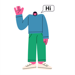 Colorful flat vector retro featuring diverse characters waving and greeting in languages say Hi. For language learning, communication, website, poster, global community, international © NUR