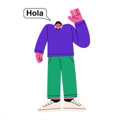 Colorful flat vector retro featuring diverse characters waving and greeting in languages say Hi. For language learning, communication, website, poster, global community, international © NUR