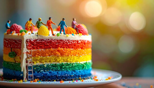 A vibrant, multi-layered cake with rainbow colors, decorated with miniature figures and colorful candies