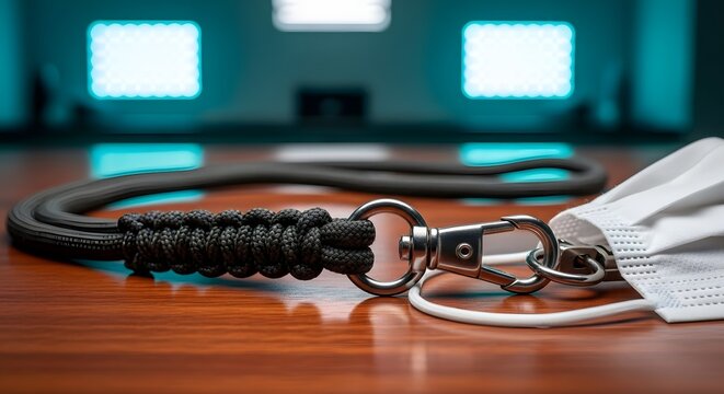 Black paracord lanyard clasp attached to a mask on a wood table with blue glow lighting in an office