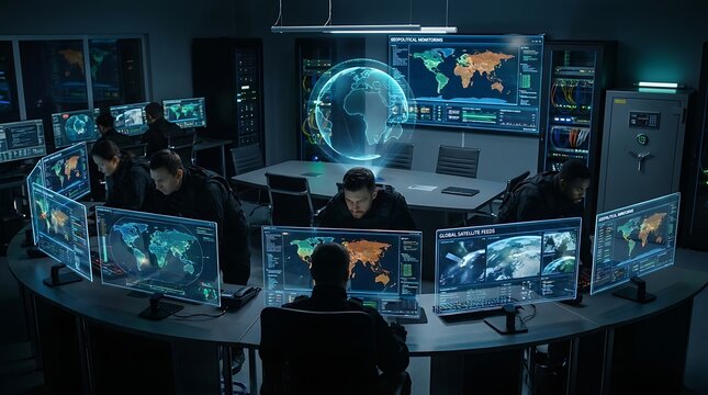 A team of cybersecurity professionals working in a high-tech command center with multiple screens displaying global data.