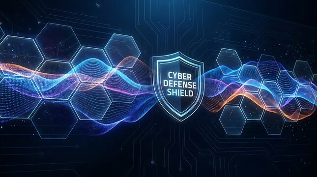 Cyber Defense Shield with abstract digital waves and hexagonal patterns on a dark background, representing cybersecurity and network protection.