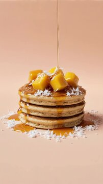Golden syrup cascading over stacked pancakes topped with fruit cubes on a pastel background 