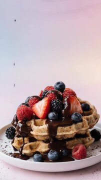 Golden syrup cascading over stacked pancakes topped with fruit cubes on a pastel background 