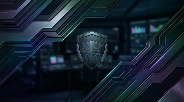 A digital shield icon representing cybersecurity and data protection, framed by abstract circuit patterns, with a blurred background of a high-tech control room.