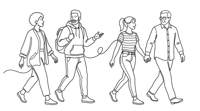 Four people walking together on a path Vector
