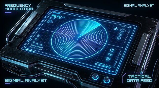 Futuristic signal analysis device with a glowing blue holographic radar display and tactical data feed.