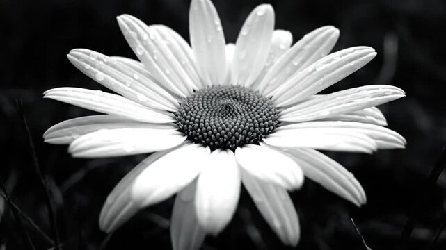 Black and white close up of a daisy with water droplets and blurred background, beautiful floral detail
