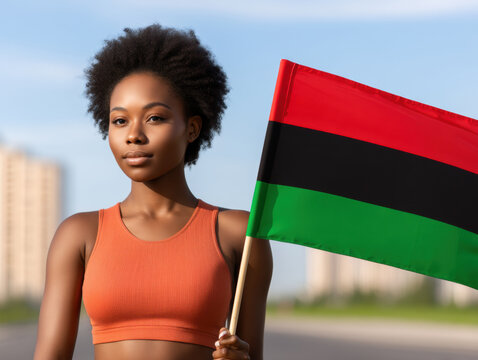 Black woman Juneteenth Pan African flag celebration freedom pride outdoor portrait young Black woman holding Pan African flag for Juneteenth