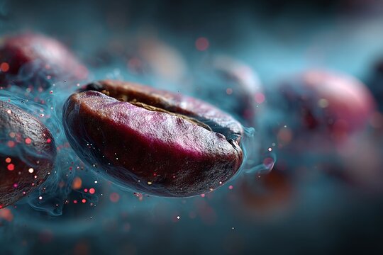 Vibrant coffee beans float in mid-air surrounded by sparkling particles.