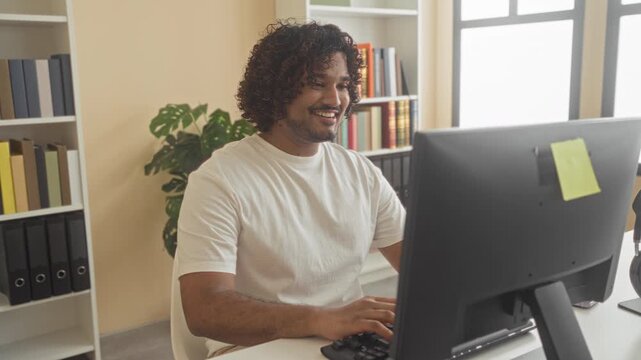 Man at computer leaning back with hands behind head in a building office, eyes closed and slight smile after finishing work; relaxed focus.