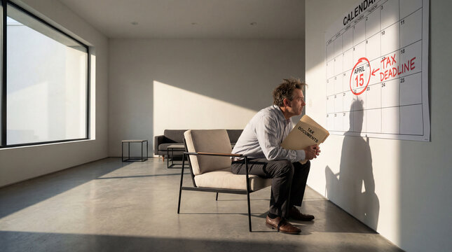 Worried man sitting near wall calendar marked tax deadline while holding documents in sparse modern room for financial pressure planning compliance paperwork stress concept urgent filing deadline