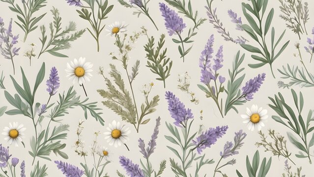 Seamless botanical pattern with delicate lavender flowers, chamomile daisies, and green herbs on a light background. Natural vintage floral design.