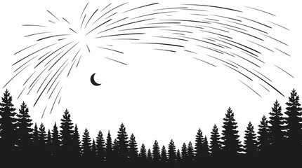 Black and white silhouette of a pine forest under a shooting star night sky. © Permana Lucky
