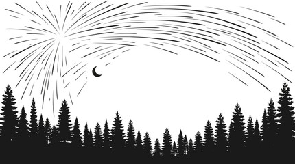 Black and white vector illustration of a pine forest under a meteor shower. © Permana Lucky