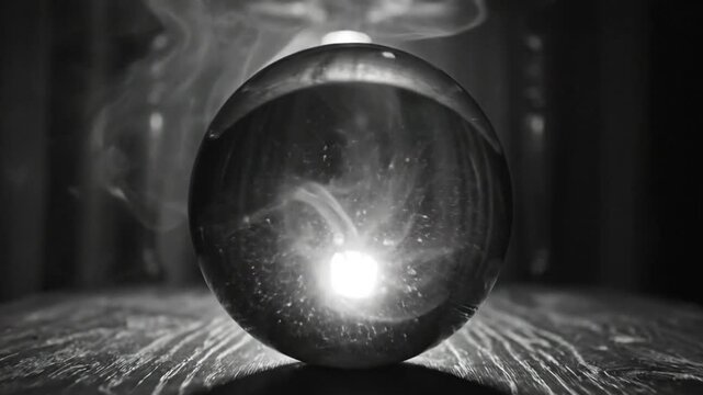 Mystical crystal ball revealing visions of the future with swirling smoke effects in a dark mysterious room