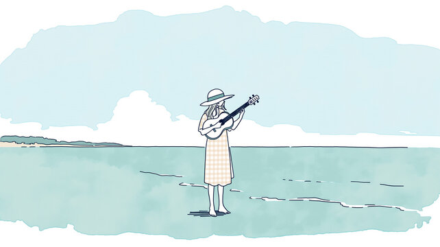 帽子をかぶった女性が海を眺める穏やかな場面を描いた、水彩風のやさしいイラスト作品、夏休みやリゾート気分を感じる人物素材、旅情素材、静けさ、水彩イラスト、手描き、女性、女の子、海、海辺、海岸、夏、夏休み、旅、旅行、観光、リゾート、帽子、ワンピース、バッグ、サンダル、後ろ姿、横顔、ひとり時間、休日、癒やし、風景、余白、シンプル、かわいい、上品、背景、挿絵、広告、ブログ、ポスター、ストック素材、商用利用