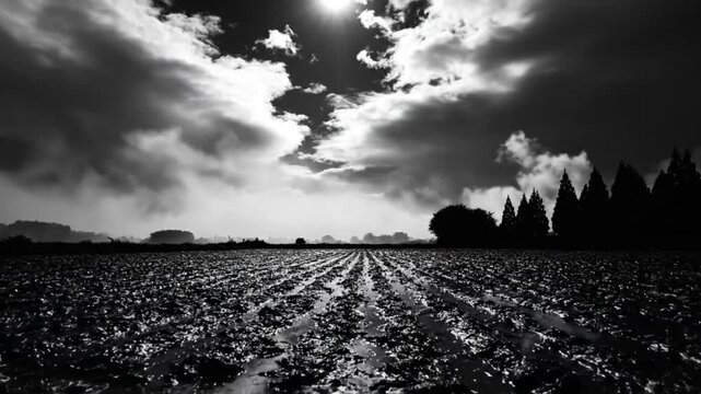 Dramatic black and white landscape of a cultivated field under a moody, overcast sky with sun breaking through the clouds