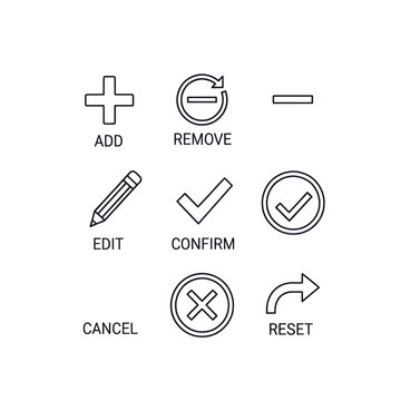 Collection of simple line icons representing common actions like add, remove, edit, confirm, cancel, and reset.