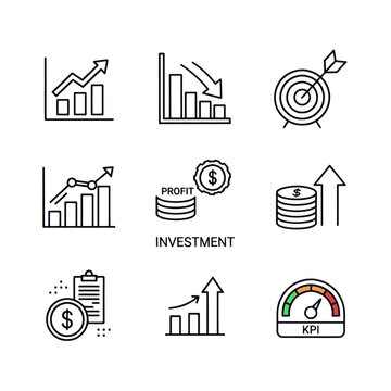 Set of business and finance icons representing growth, decline, investment, and performance metrics.