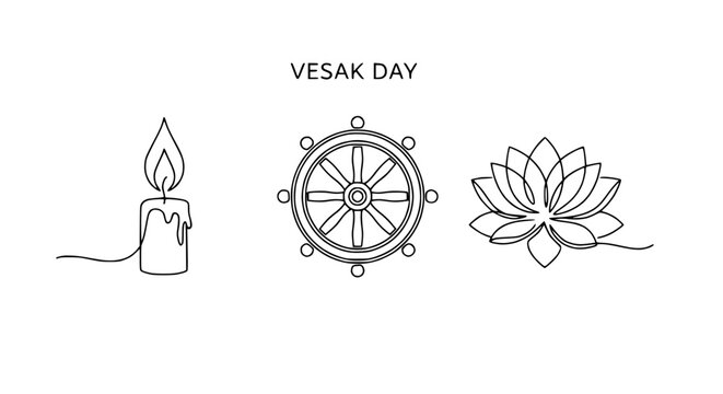 Vesak Day line art icons: candle, dharma wheel, lotus flower on white background