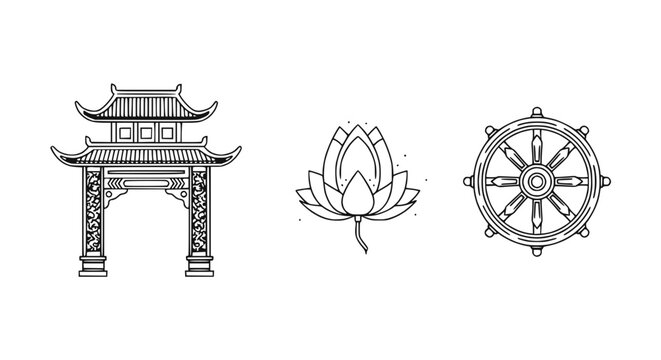 Buddhist Symbols: Torii Gate, Lotus Flower, Dharma Wheel Icons