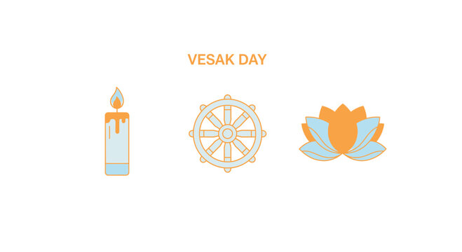 Vesak Day symbols: candle, dharma wheel, and lotus flower on a white background.