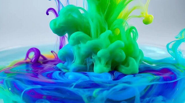 Abstract art with a vibrant blend of colorful ink swirling and diffusing in water, creating mesmerizing liquid patterns and dynamic forms