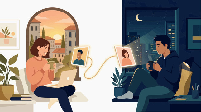 Long Distance Couple Video Calling Across Time Zones &mdash; Digital Connection and Love Illustration