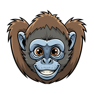 Cartoon monkey face illustration, happy expression, big eyes, brown fur, blue skin