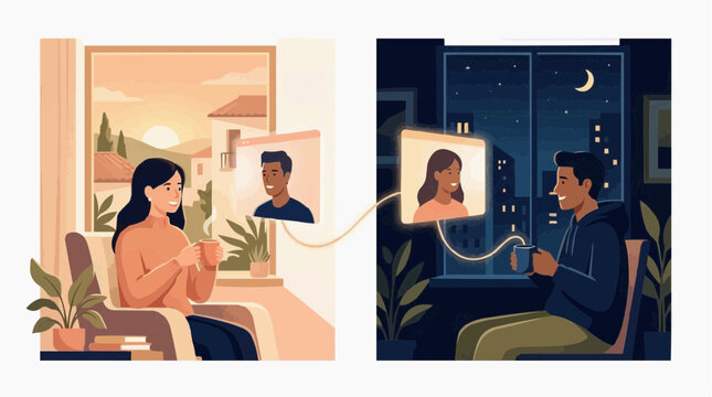Long Distance Couple Video Calling Across Time Zones &mdash; Digital Connection and Love Illustration