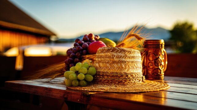 stein. Woven straw hat and fruit basket with apples and grapes, wheat wreath and beer stein on wooden table. menu design.