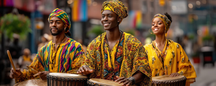 Juneteenth African American drummer street festival traditional clothing djembe smiling musician urban parade celebration scene with colorful