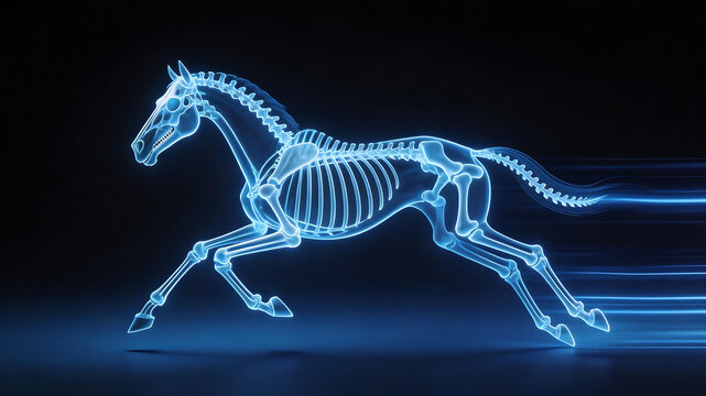 Running horse skeleton in blue light highlighting geometric patterns and contemporary art