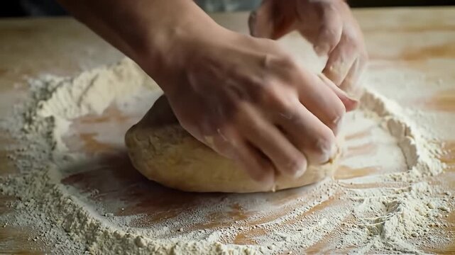 Hands work dough on a floured surface, shaping it into a loaf, baking prep
