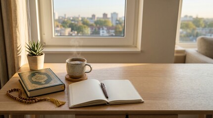 Fototapeta premium Peaceful Islamic Morning Routine with Quran and Coffee