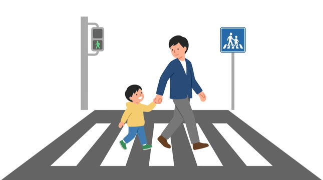 Father and Child Crossing Street Safely