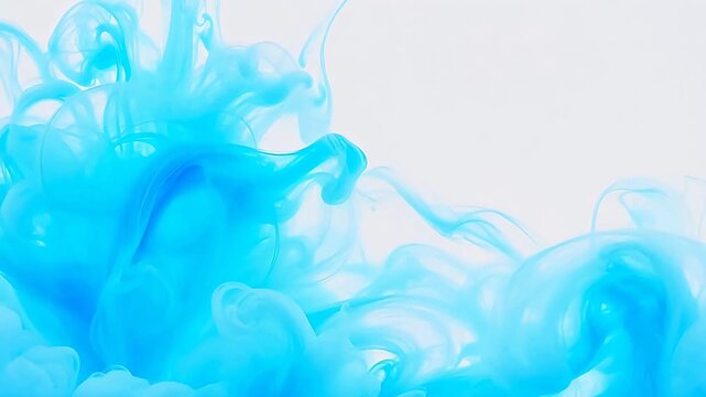 Mesmerizing blue liquid ink swirling and dissolving in water, creating abstract, smoky patterns against a bright white background, showcasing fluidity and motion