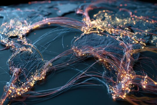 Fiber optic connectivity pulses across a textured world map in a macro shot with sharp focus for internet infrastructure and digital networking marketing