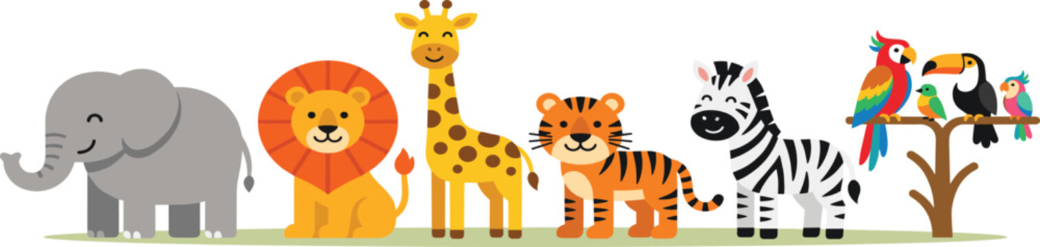 Cute safari and zoo animals set with zebra, elephant, lion, tiger, giraffe and birds, cartoon illustration