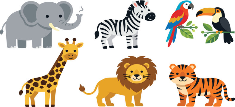 Cute safari and zoo animals set with zebra, elephant, lion, tiger, giraffe and birds, cartoon illustration