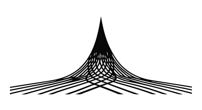 An abstract black and white illustration features numerous converging lines that create a pointed, conical shape, representing growth or convergence.