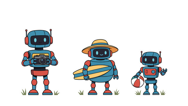 Three cute cartoon robots enjoying a summer vacation with beach accessories.